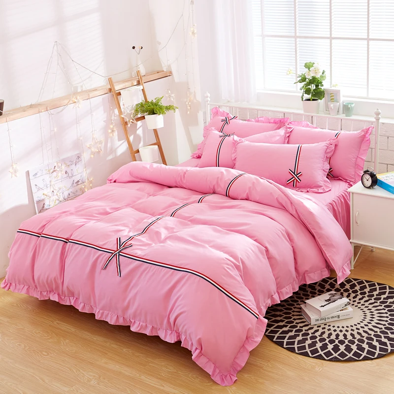 

Fashion elegant bow lace princess pink bedding set 4pcs full queen king bed skirt duvet cover pillowcase girl/kid home textile