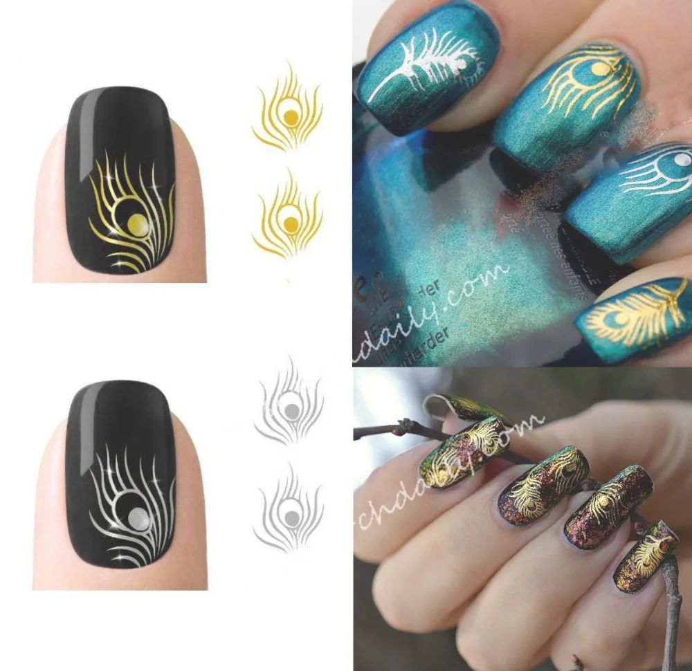

2 Sheet Fashion Sliver &Gold Peacock Feather Nail Art Stickers Decals Nail Tools tip Sticker Decoration