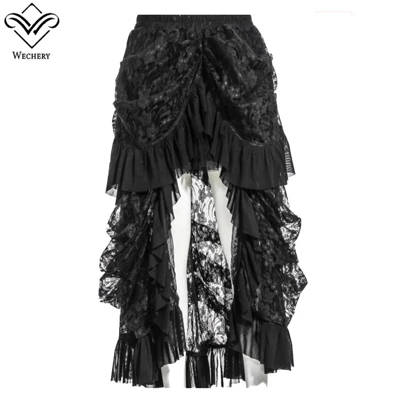Wechery, сексуальная винтажная длинная юбка макси в стиле стимпанк, юбка миди в готическом стиле, эластичная плиссированная женская черная юбка из тюля