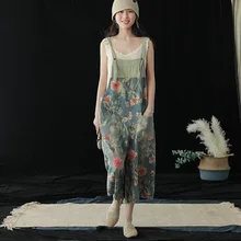 Летний женский винтажный джинсовый комбинезон больших размеров, комбинезон на бретельках с цветочным принтом, Свободные повседневные джинсы, широкие комбинезоны