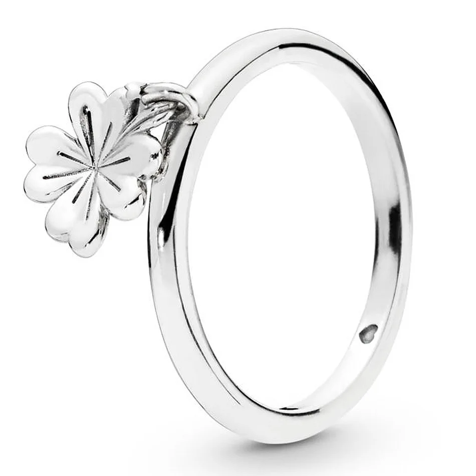 

New 925 Sterling Silver Ring Hanging Lucky In Heart Clover Rings For Women Wedding Party Gift Original DIY Jewelry