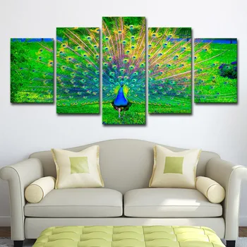 

Modern Home Wall Art Decorative Frame Canvas Pictures HD Printed 5 Pieces Set Peacock Open Green Screen Paintings Animal Posters