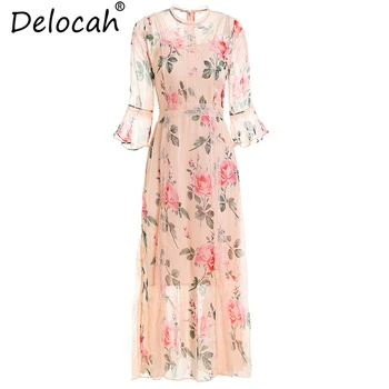 

Delocah Women Summer Chiffon Midi Dresses Runway Fashion Flare Sleeve Floral Print Lace Splice Elegant Vintage Party Dresses