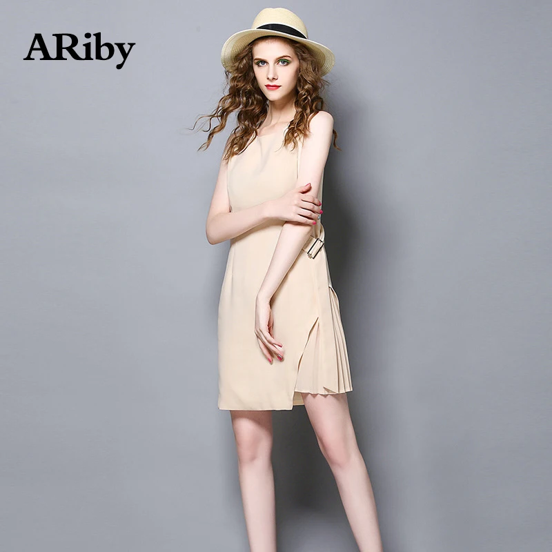 Women Dress ARiby 2019 Summer New Fashion Office Lady Simple Solid Pleated Stitching Sleeveless O-Neck Sashes Slim Mini Dresses