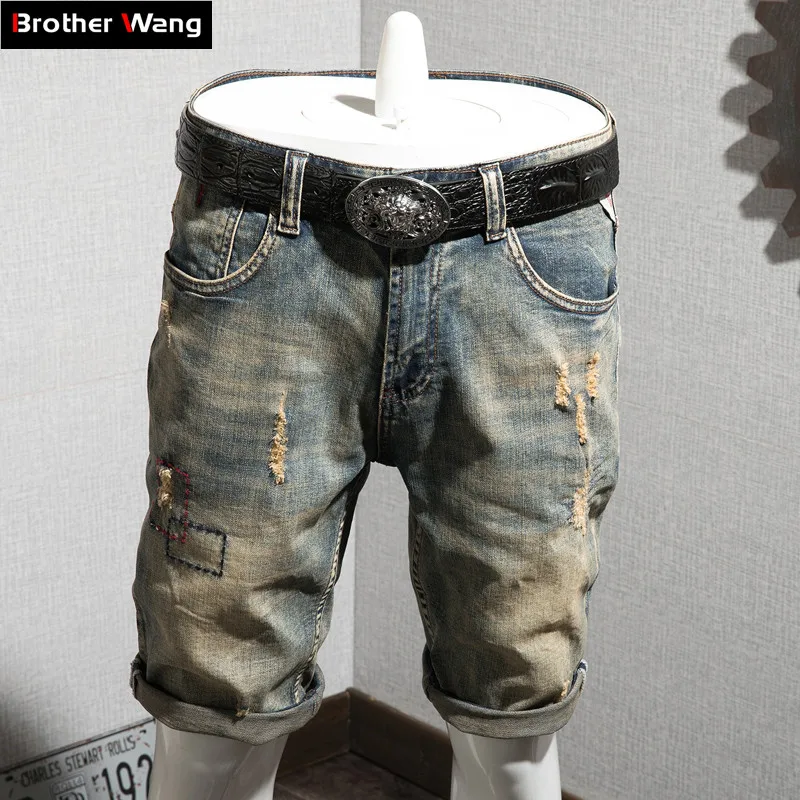 Летние мужские Брендовые джинсовые шорты Новая мода Повседневные Классические Стильные мужские ретро рваные короткие джинсы