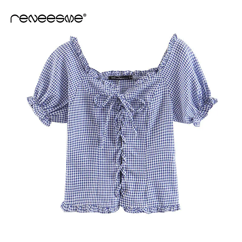 

new casual women blouse short sleeve lace up blue plaid ruffles cotton flare sleeve ladies shirt blouses chic short female blusa