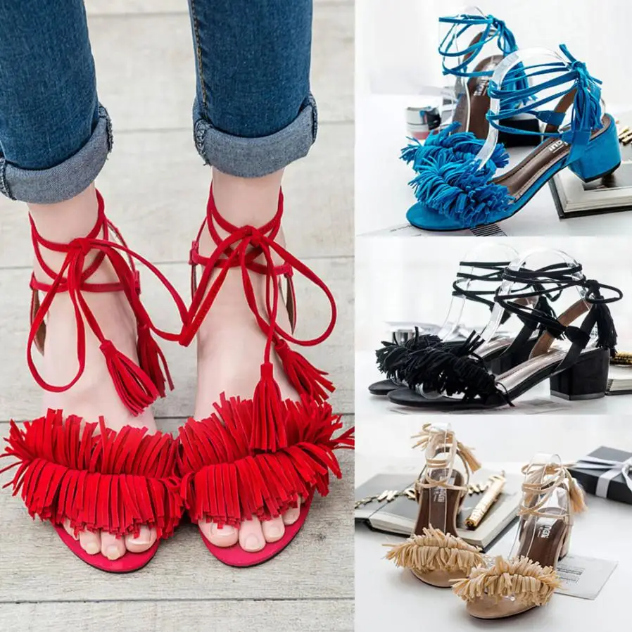 SAGACE Shoes Sandals Women Summer Lace Up Sandals Thick Heels Fringe Summer Beach sandals summer 2018JUL4
