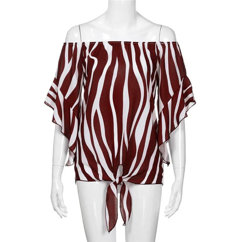 Women Striped Off Shoulder Waist Tie Blouse Short Sleeve Casual T Shirts Tops  (18)