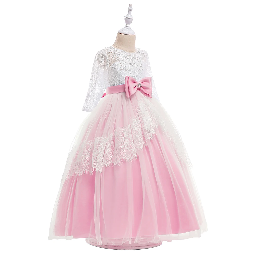 Retail Floral Lace Elegant Princess Flower Girls Dress With Big Long Bow Crystal Bow Teenage Girl Formal Party Prom Dress LP-203