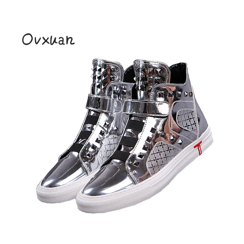 Ovxuan/мужские кожаные уличные кроссовки с высоким берцем; итальянские дизайнерские мужские лоферы с ромбовидными заклепками; модные вечерние мужские повседневные модельные туфли