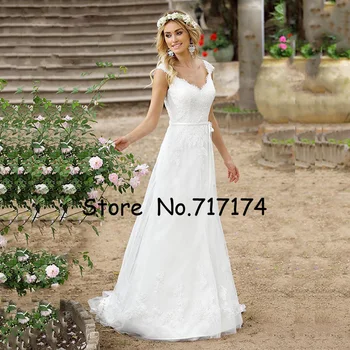 

V-neck Neckline Cap Sleeves Tulle A-line Wedding Dress with Belt Sweep Train Illusion Back Button Bridal Dress vestidos de novia