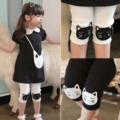 2018 Hot Summer 2-10 Years Old Baby Kids Children White Black Green Cat Print Basic Capri Thin Little Girls Knee Length Leggings
