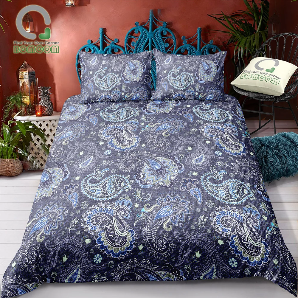 

BOMCOM 3D Digital Printing Bedding Set Hand Drawn Colorful Peisley Navy Blue 3-Pieces Duvet Cover Sets 100% Microfiber