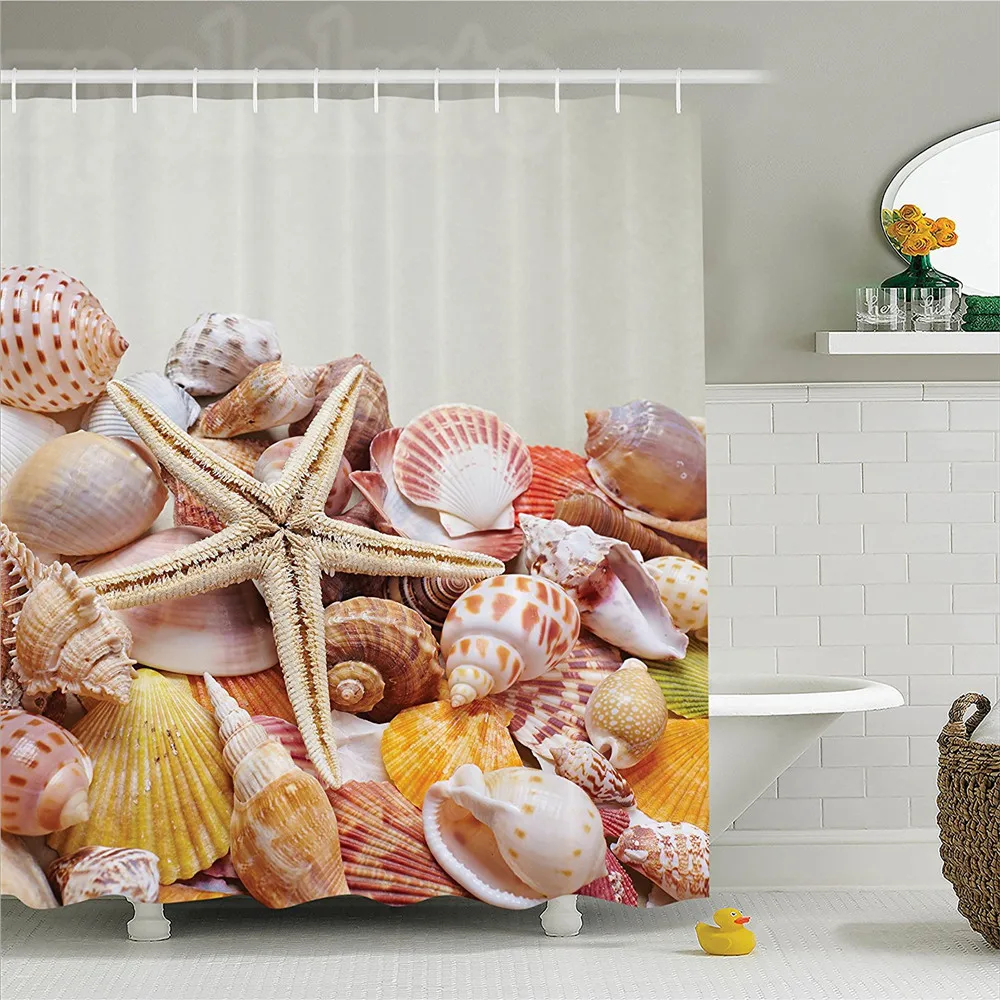 

Seashells Decor Shower Curtain Set Pile Of Seashells Nature Collection Beach Theme Sea Life Creatures Starfish Spiral Marine