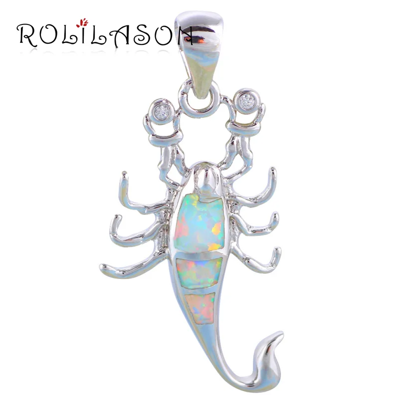 

ROLILASON Scorpio Design Unique Gifts White Fire Opal Silver Stamped Necklace Pendants Fashion Jewelry for Women OPS695