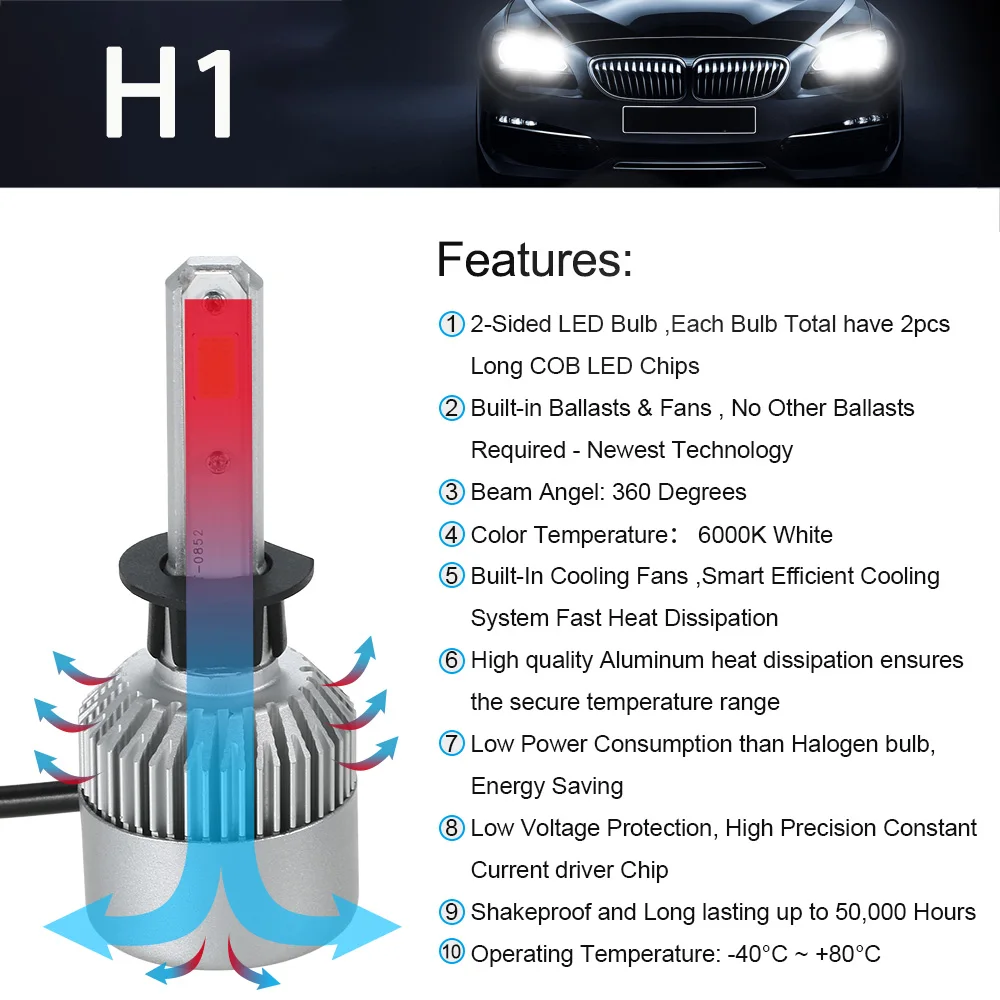 Комплект автомобильных фар для H1 S2 500W 80000LM 6000K белый светодиодный фары лампочки пара HID COB светодиодный чипы авто фары Наборы