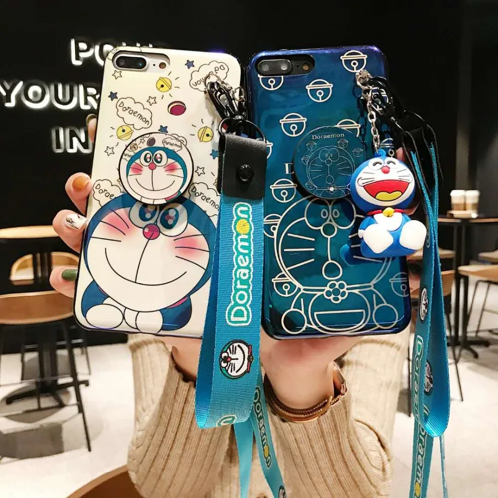 

3D cute Doraemon Soft Case toy stand holder for iPhone 6 7 8 XSMax with Lanyard Mobile Phone Case For iPhone X XR Soft Fundas
