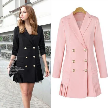 

Queechalle Pink Black Long Blazer Coat Women Office Lady Workwear Double Breasted Notched Jacket Suit Women's Blazer