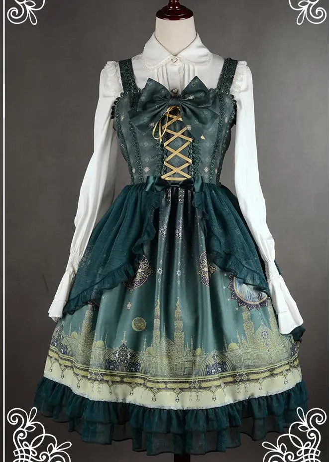 Soufflesong тайна Арабская ночь печатных рукавов Лолита джемпер юбка для девочки - Цвет: Зеленый