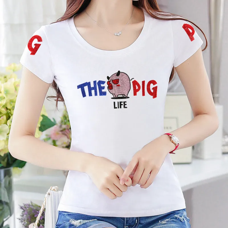 

2019 All Match Cotton Printed Korea Women T-shirts Casual High elastic Tee Tops Summer Short Sleeve Female T shirt Women Cloth