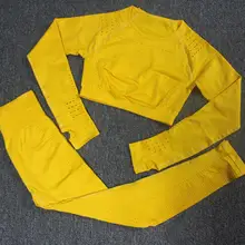 Безупречный трикотажный комплект из 2 предметов для йоги, женская одежда для тренировок, длинный рукав, открытая сетка, компрессионный укороченный топ+ Бесшовные Леггинсы для занятий йогой