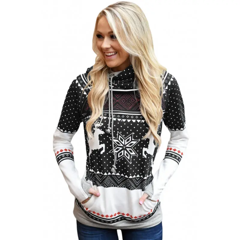 Snowflake Reindeer Print Hooded Sweater Christmas Autumn Pocket Thumb Hole Long Sleeve Double Layer Sweatshirt Women Clothes Top (2)