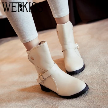 

WETKISS Belt Buckle Metal Decor Women Ankle Boot Keep Warm Winter Thick Heel Shoes Casual Party Female Boot Non Slip Bootie