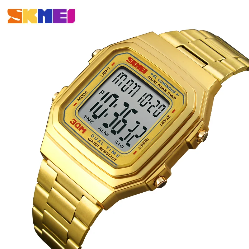 

SKMEI Brand Hip Hop Stainless Steel Square Watch Men Luxury Sport Digital Watches Casual Business Wristwatches Relogio Masculino