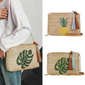

LJL-Women Straw Shoulder Bags Embroidery Zipper Handbags Summer Beach Bohemian Crossbody Bags