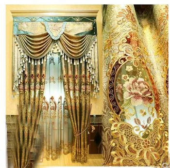 

European curtain living room finished luxury air floor curtain golden embroidered jacquard villa curtain fabric