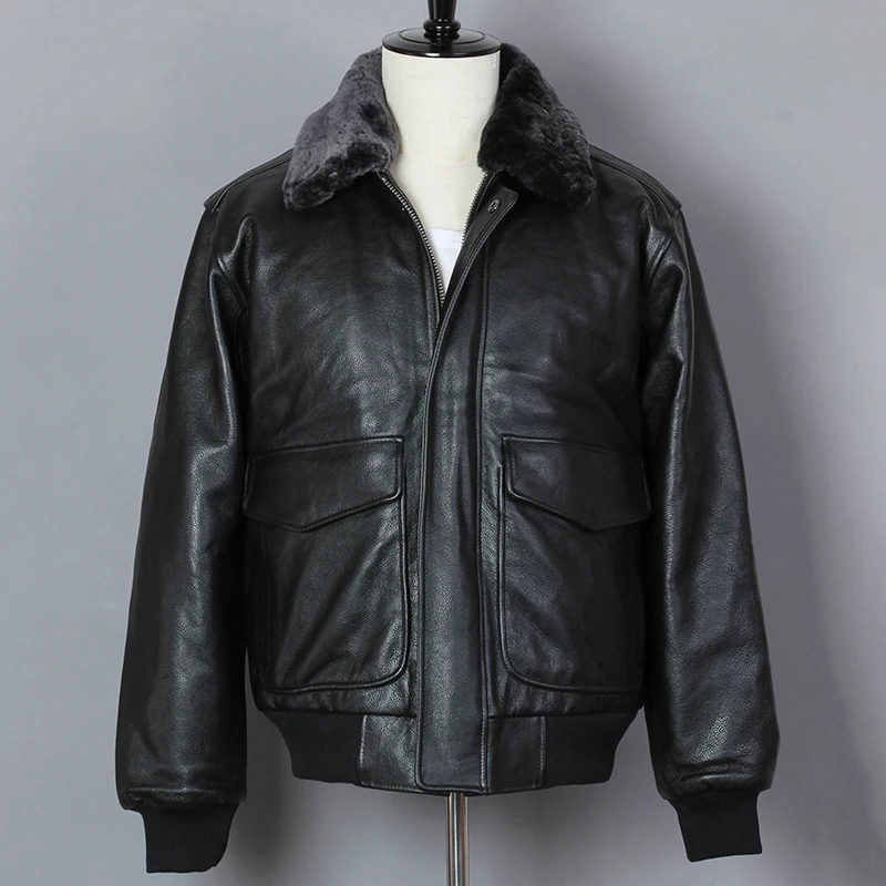 Fashion Motorcycle Jacket Men Air Force Flight Genuine Leather Jacket Black Cowskin Bomber Jacket Fur collar Winter Coat