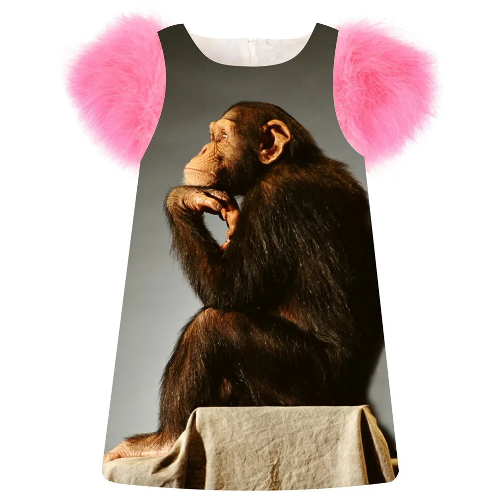 Одежда для детей; платье для девочек; модное платье с принтом шимпанзе; сезон весна-осень; платье с рукавами из искусственного меха для девочек; платья для маленьких детей