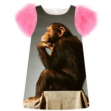 Одежда для детей; платье для девочек; модное платье с принтом шимпанзе; сезон весна-осень; платье с рукавами из искусственного меха для девочек; платья для маленьких детей