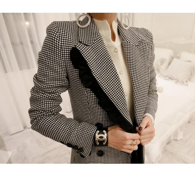 Высокое качество, осень, двубортный клетчатый шерстяной Блейзер, длинное пальто, полные брюки, офисный Женский комплект из двух частей
