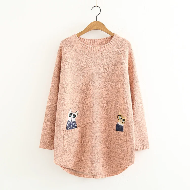 Japanese Style Cartoon Pullover Sweater Autumn Winter New Fashion Woman Knit Sweaters O-Neck Long-Sleeved Pocket Cat Sweater CH750 (5)