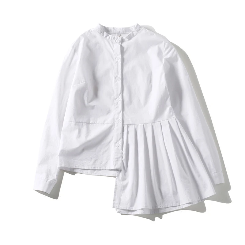  [EAM] High Quality 2020 Spring Hem Folds Spliced Irregular Slim Casual Long Sleeve O-neck Shirt Fas