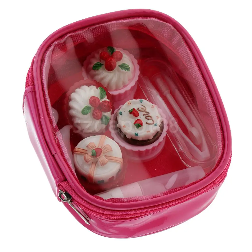 2 Set Mini Contact Lens Box Travel Cartoon Cute Cream Cake Contact Lenses Holder with Storage Zipper Pouch Black/ Rose Red