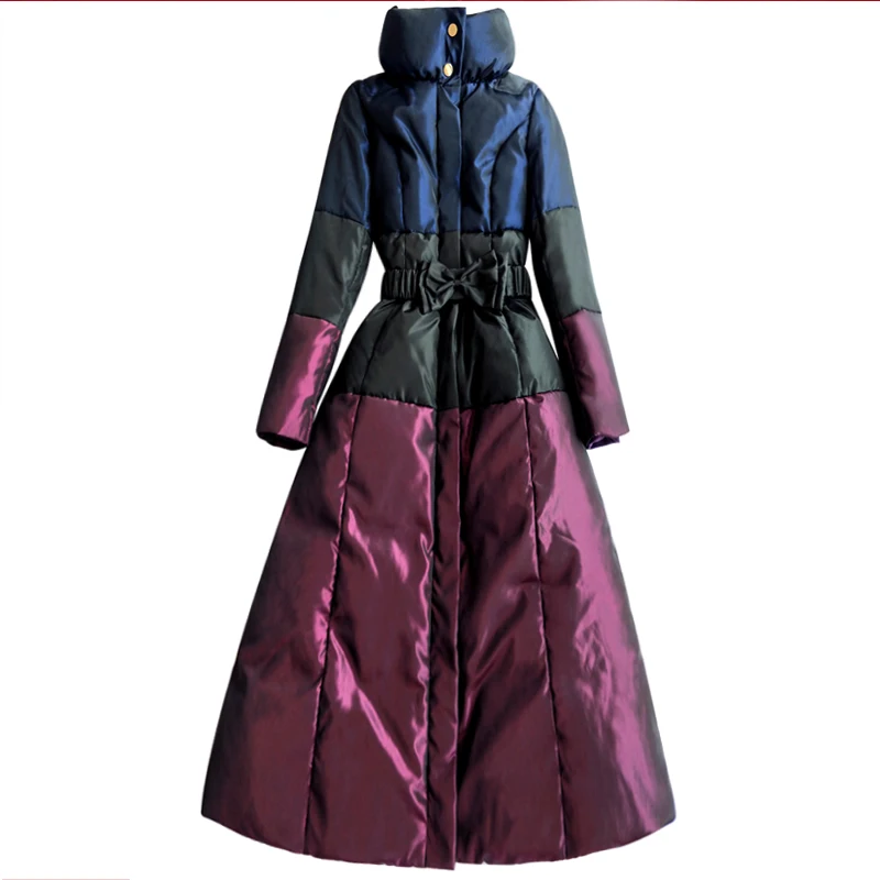 Зимнее модное Брендовое пальто на утином пуху с воротником-стойкой, хит цвета, Женская куртка на молнии, очень длинная теплая пуховая парка wq596