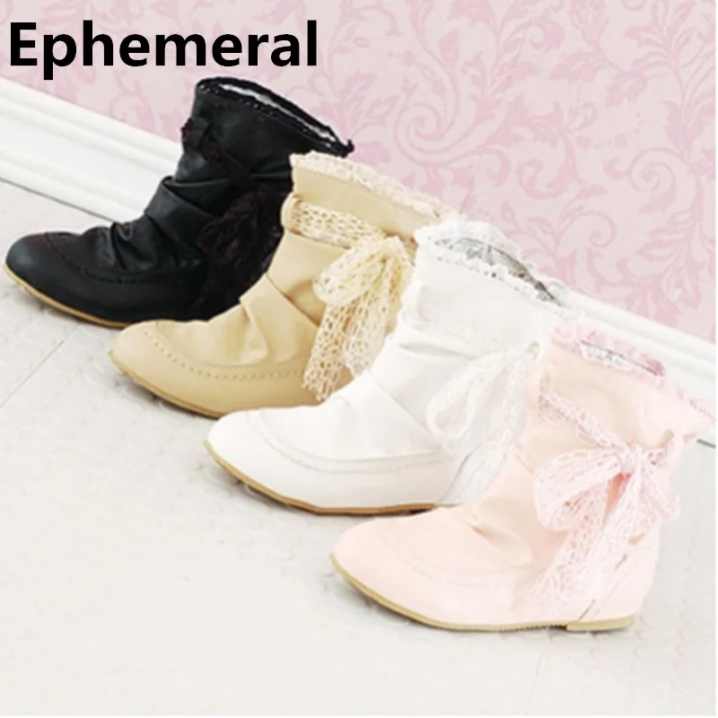 

Ladies & Girls Cute Bow-Knot Comfort Short Botas Plus size 34-43 Round Toe Cotton Fabric Rinding Boots Sweet Shoes Pink,Beige