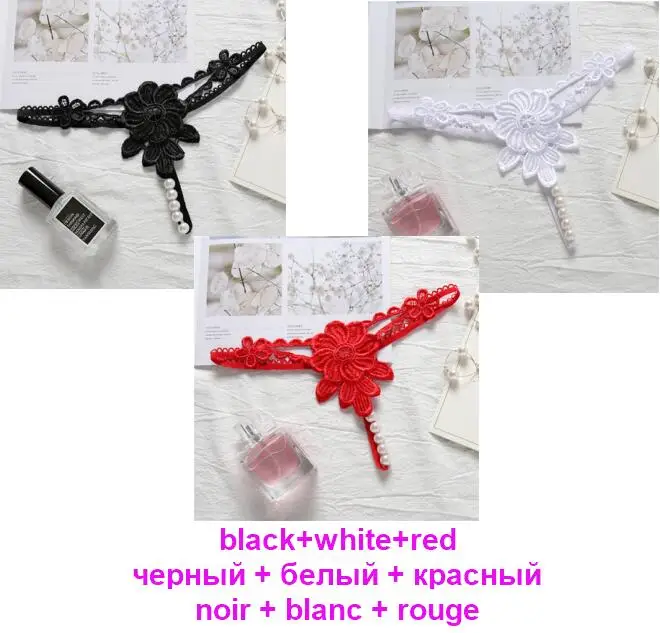 Женские трусы, сексуальные трусики с жемчужинами, ropa interior femenina, нижнее белье, Милые стринги с аппликацией, открытые сексуальные трусики, 6 цветов, XXS-XL - Цвет: black white red 2186