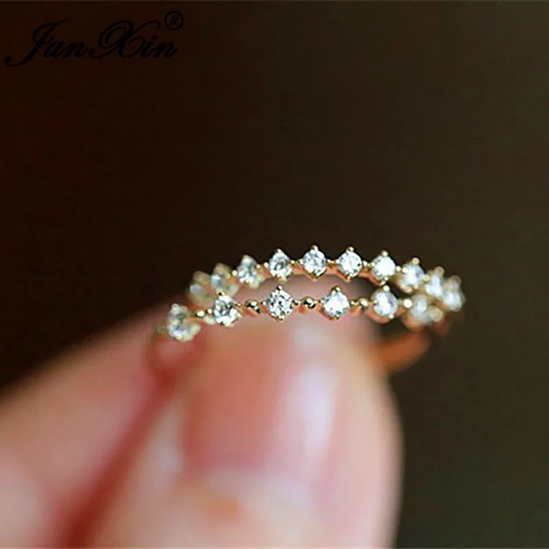 

JUNXIN Stacking Thin Ring Yellow Gold Color Dainty Small Stone White Crystal Minimalist Wedding Rings For Women Daily Jewelry CZ