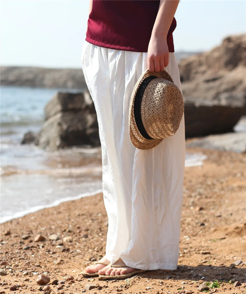 

4 Colors Casual Loose Wide Leg Straight Pleated Women Cotton Tencel Pants, Summer White Red Green Black Large Plus Size Trousers