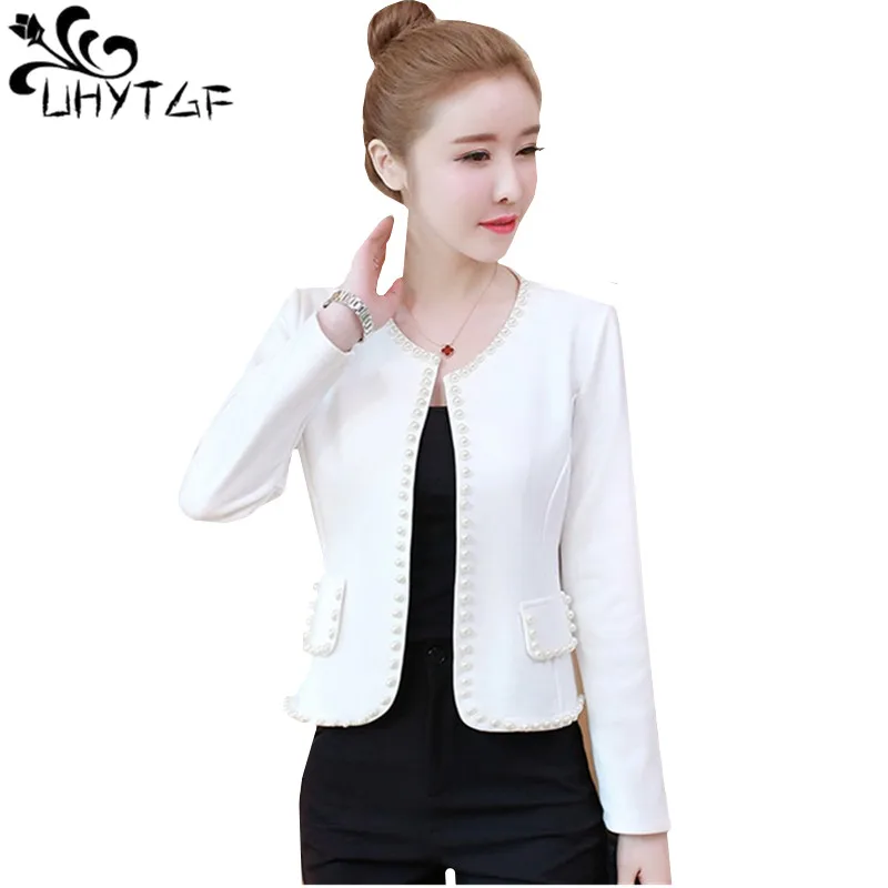 

UHYTGF Elegant women spring autumn tops coats Fashion beaded cardigan short jacket Temperament sweet girl 4XL plus size coat 480