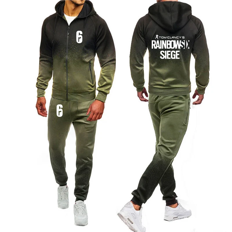 Rainbow six siege Sweatshirt Gradient Hoodies Men Zipper Jacket Mens Hoodie HipHop Harajuku Male Sweatshirt Sweatpants Suit 2pcs - Color: 03