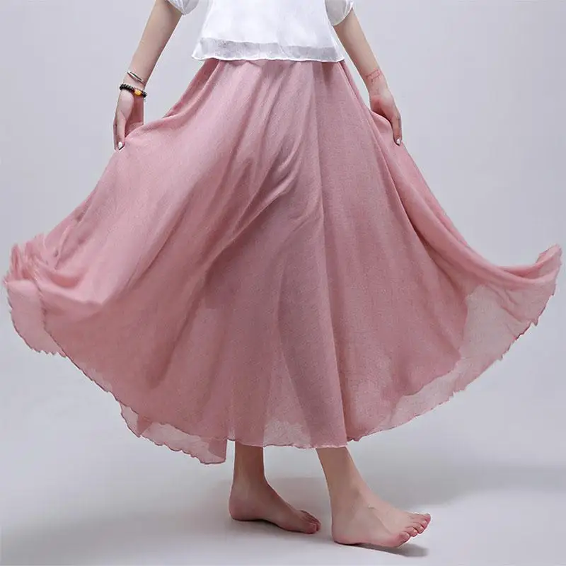 Yfashion женская льняная ткань юбка макси в стиле бохо Новая мода лето сплошной цвет Высокая Талия Длинные юбки Национальный стиль юбка женская - Цвет: pink