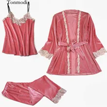 Для женщин одежда для сна ночная рубашка бархатная пикантная однотонная обувь; теплые колготки халат Для женщин лаунж-Пижама комплект/3 Picecs