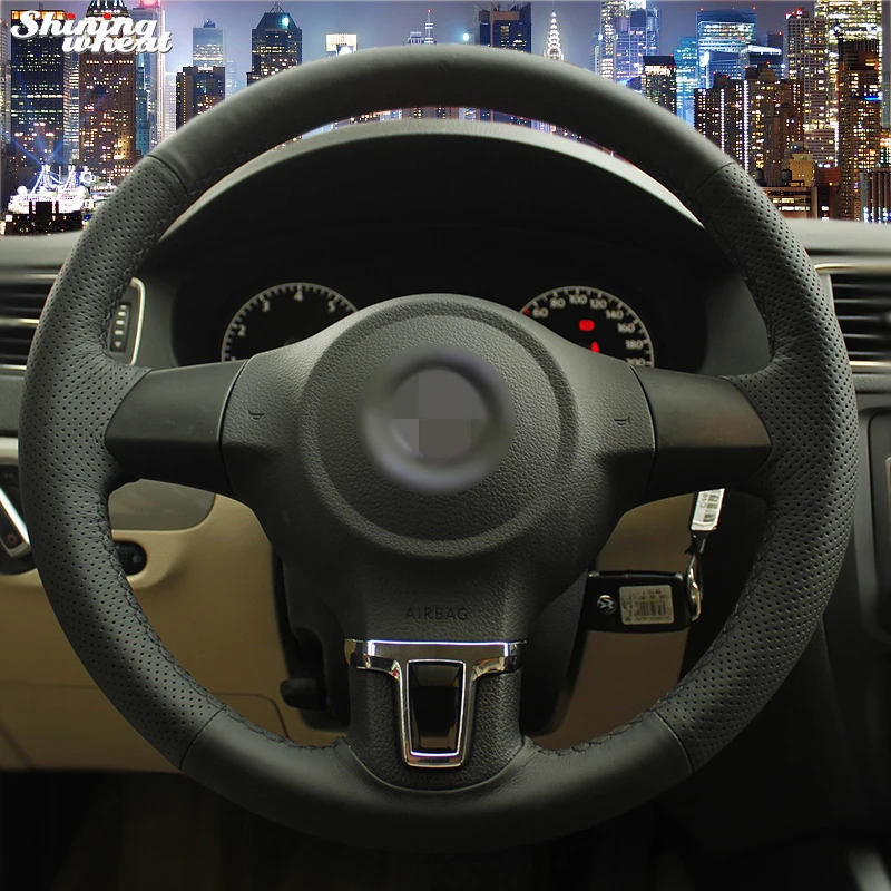 Shining wheat Black Leather Steering Wheel Cover for Volkswagen Golf 6 Mk6 VW Polo Sagitar Bora