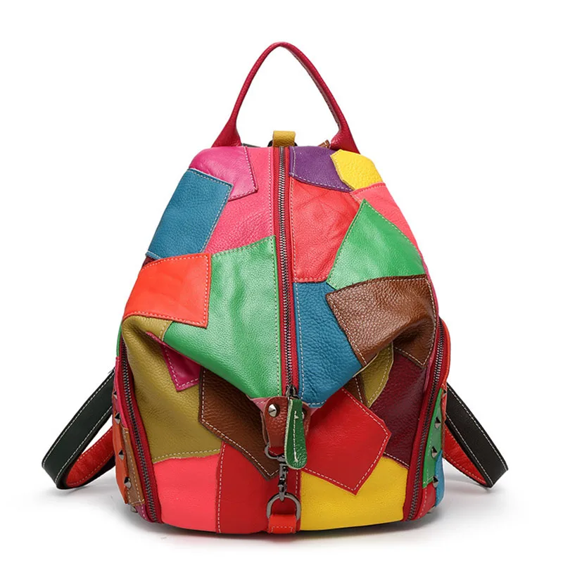 

New Luxury Patchwork Cow Leather Backpack Girls bag Brand Genuine Leather Women's Double Shoulder Backpacks Colorful Backpack