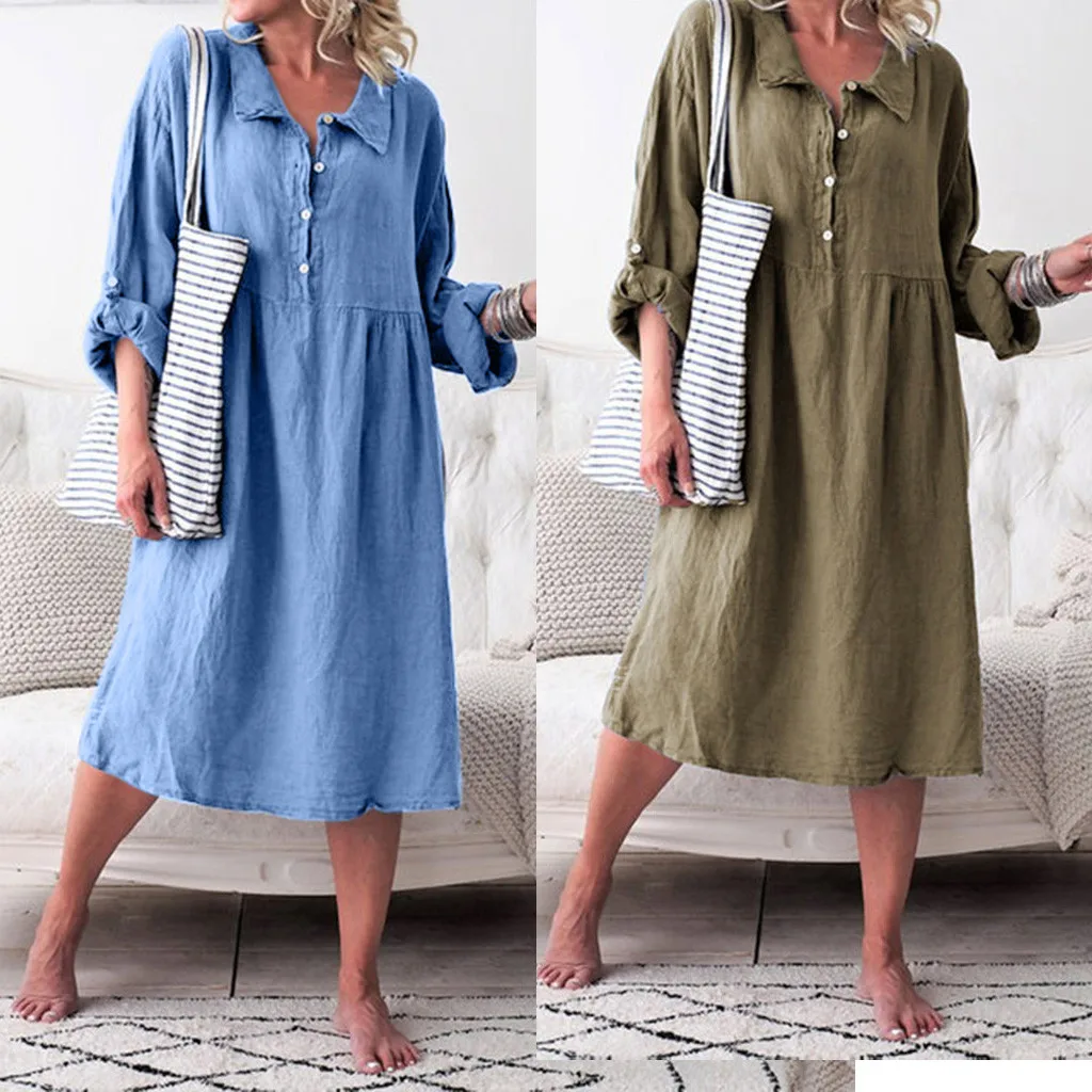 

Feitong Plus Size Solid Color Loose Dress robe femme Women Loose Style Linen Basic Long Sleeve Shirt Collar Buttoned Dresses #C