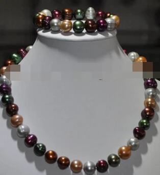 

free shipping 12699 11mm multicolor cultured freshwater pearl Sets necklace bracelet Multi-Colored (A0423)